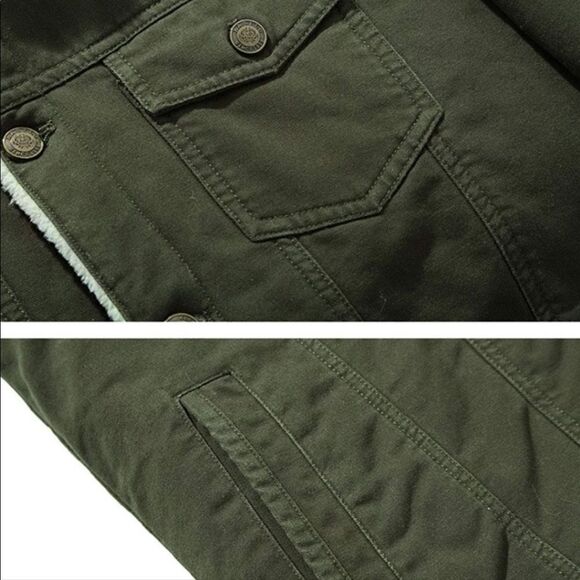 Men’s Vintage Army Green Sherpa Fleece Lined Denim Jacket - Picture 5 of 9